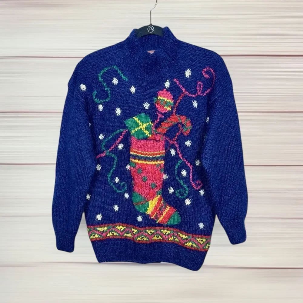 Vintage Christmas Stocking Sweater Blue Mohair Mock Neck by Casual Corner S